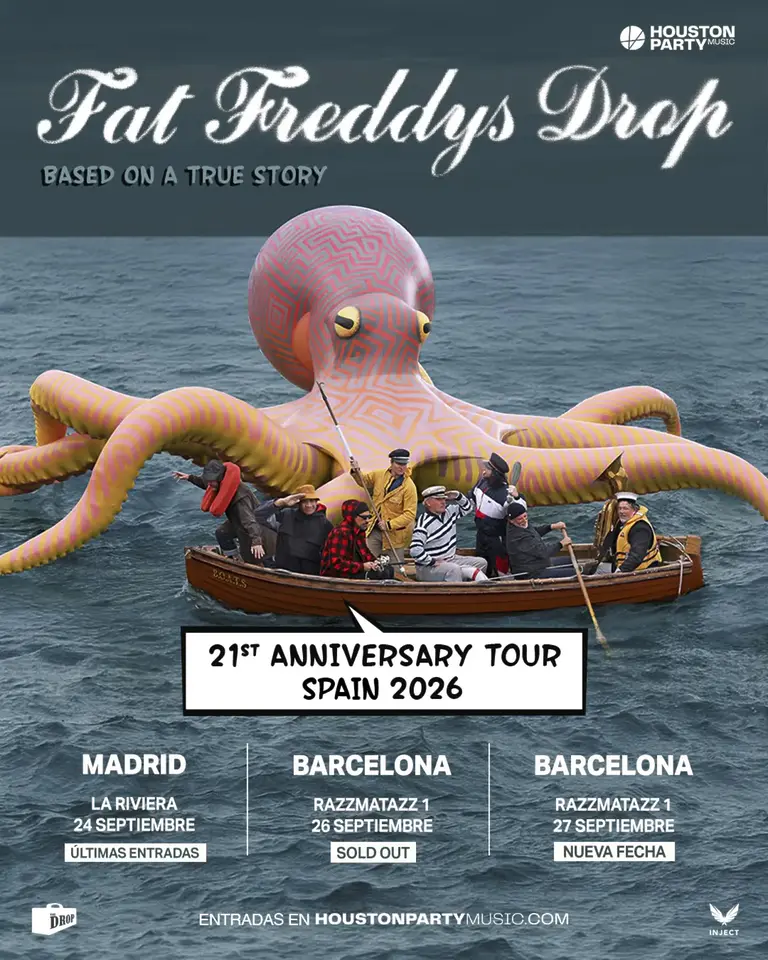 Cartel oficial de la gira de Fat Freddy's Drop en España para sus conciertos de 2026 en Madrid y Barcelona