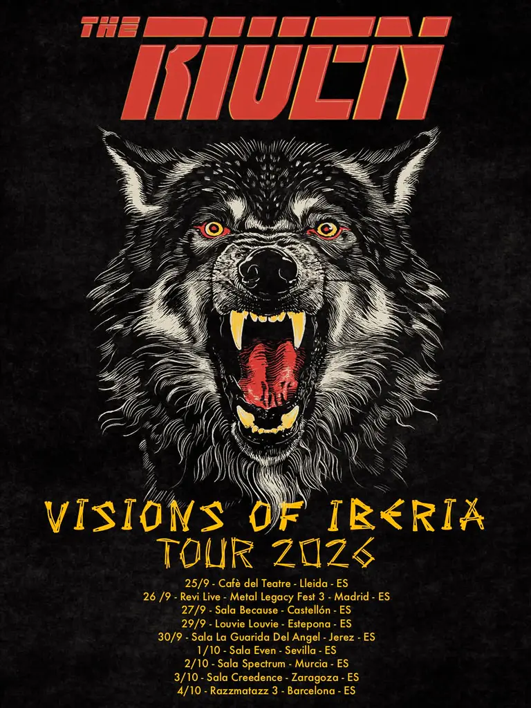 Cartel oficial de la gira de The Riven por España en 2026, con fechas en Madrid, Barcelona, Lleida, Zaragoza, Castellón, Estepona y Murcia.
