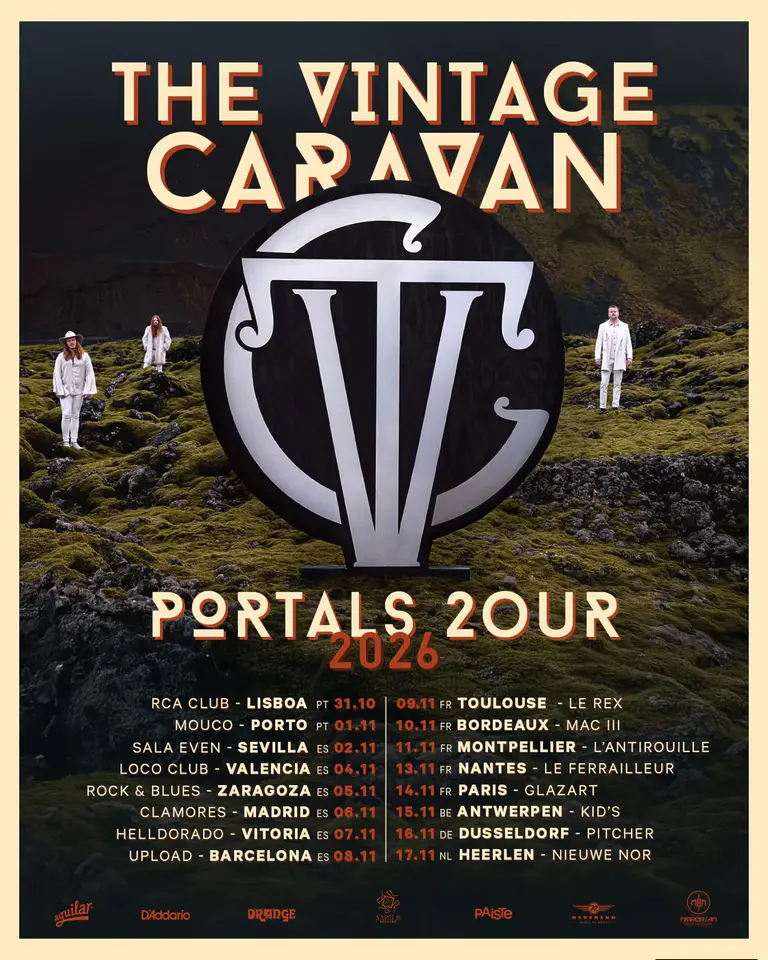 Cartel oficial de la gira PORTALS 2OUR de The Vintage Caravan en España en 2026, con conciertos en Sevilla, Valencia, Zaragoza, Madrid, Vitoria y Barcelona.