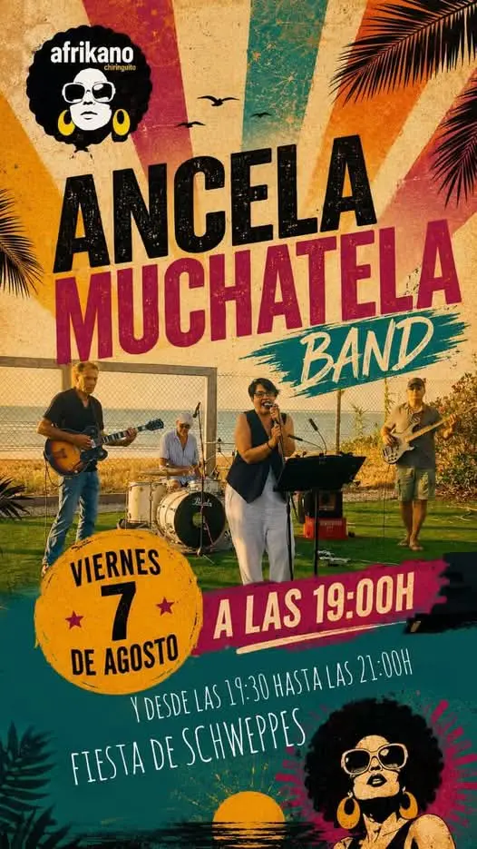 Cartel oficial del concierto de Ancela Muchatela Band en El Afrikano de Sanlúcar de Barrameda el 7 de agosto de 2026