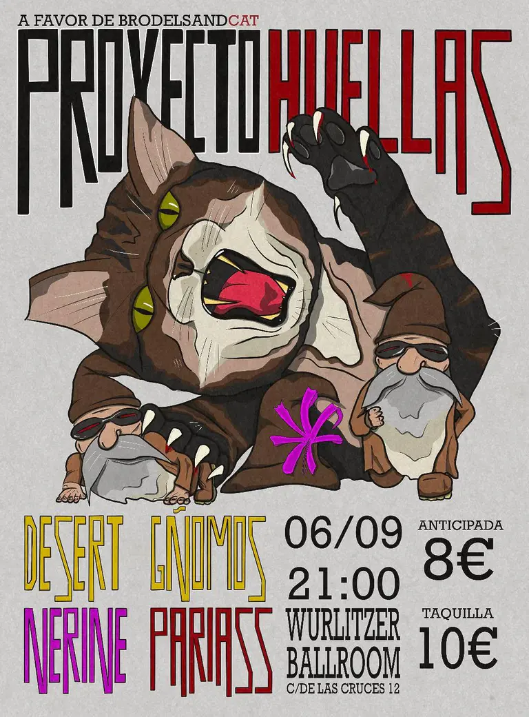 Cartel del concierto Proyecto Huellas con Desert Gnomos, Nerine y Pariass en Sala Wurlitzer Ballroom