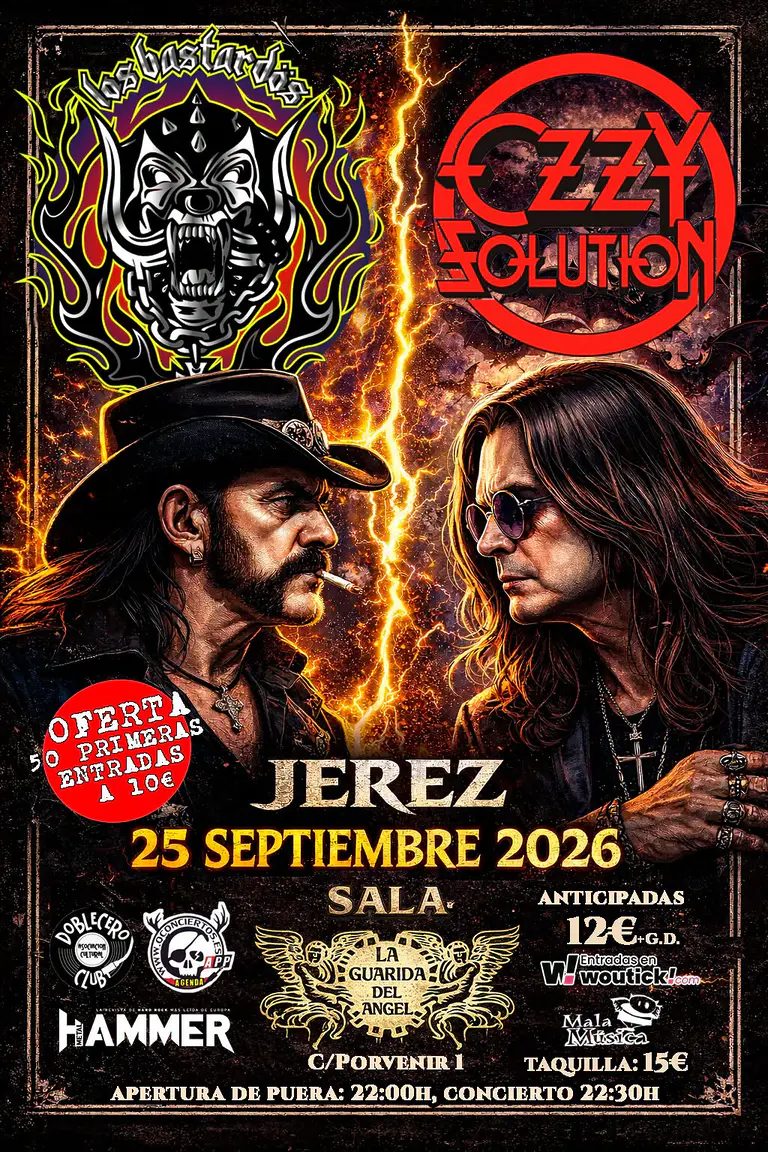 Cartel oficial de los conciertos de Los Bastardos y Ozzy Solution en La Guarida del Ángel, Jerez de la Frontera