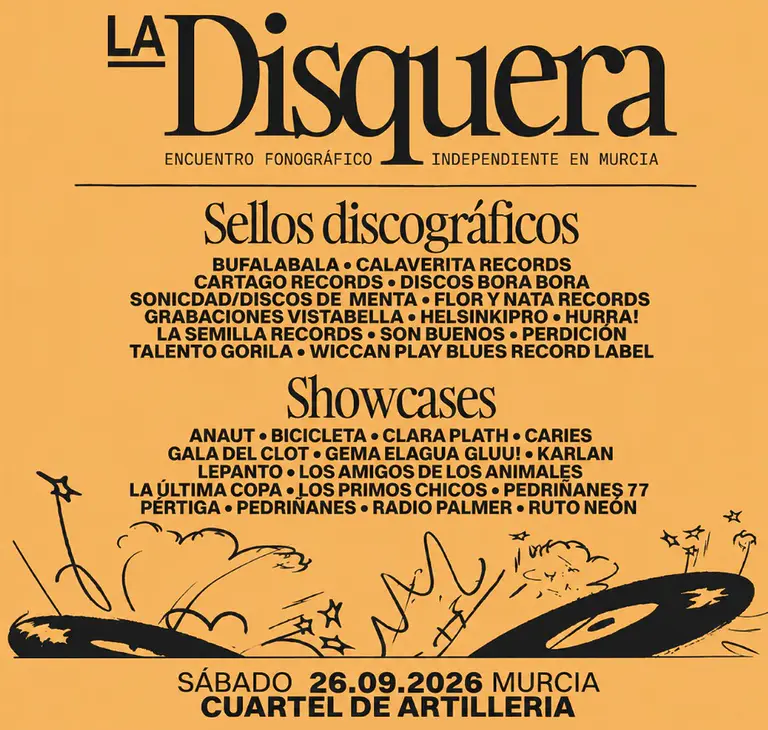 Cartel oficial del festival y encuentro La Disquera 2026 en el Cuartel de Artillería de Murcia