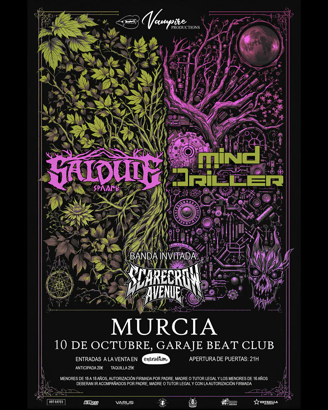 Cartel Oficial Salduie + Mind Driller + Scarecrow Avenue en Sala Garaje Beat Club de Murcia