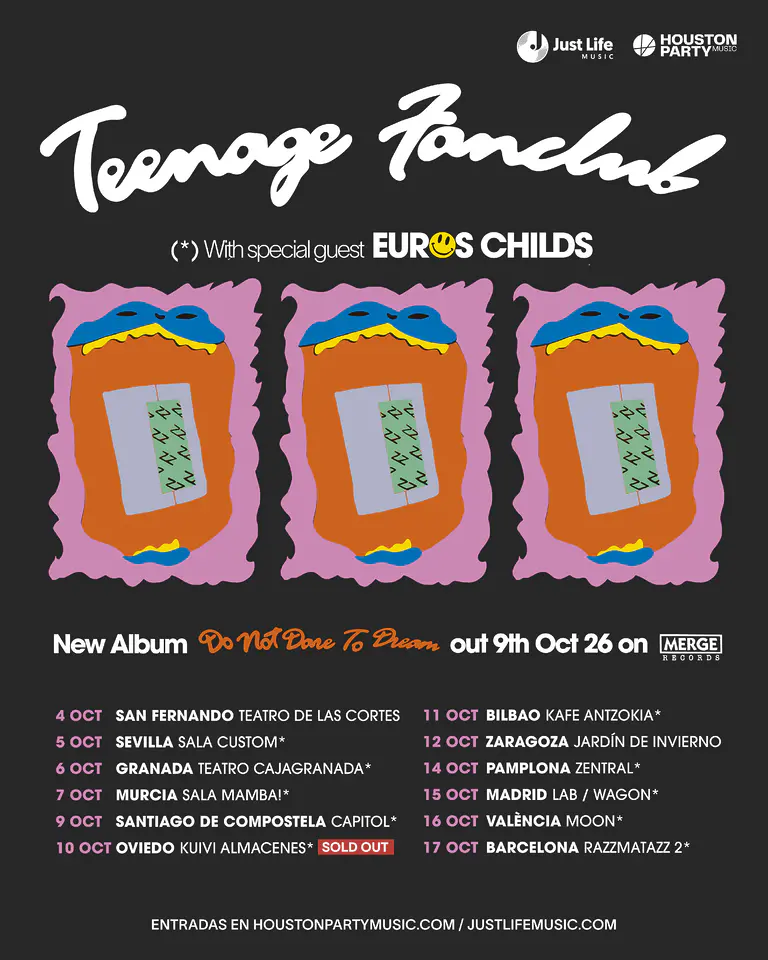 Cartel oficial de la gira de Teenage Fanclub y Euros Childs en España 2026