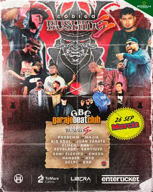 Cartel oficial de Código Bushido 3 en Sala Garaje Beat Club Murcia 2026
