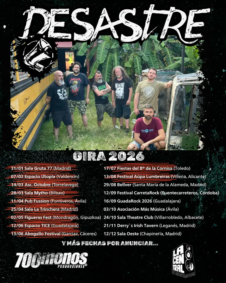 Cartel oficial de la Gira 2026 de Desastre en Sala Gruta 77 Madrid