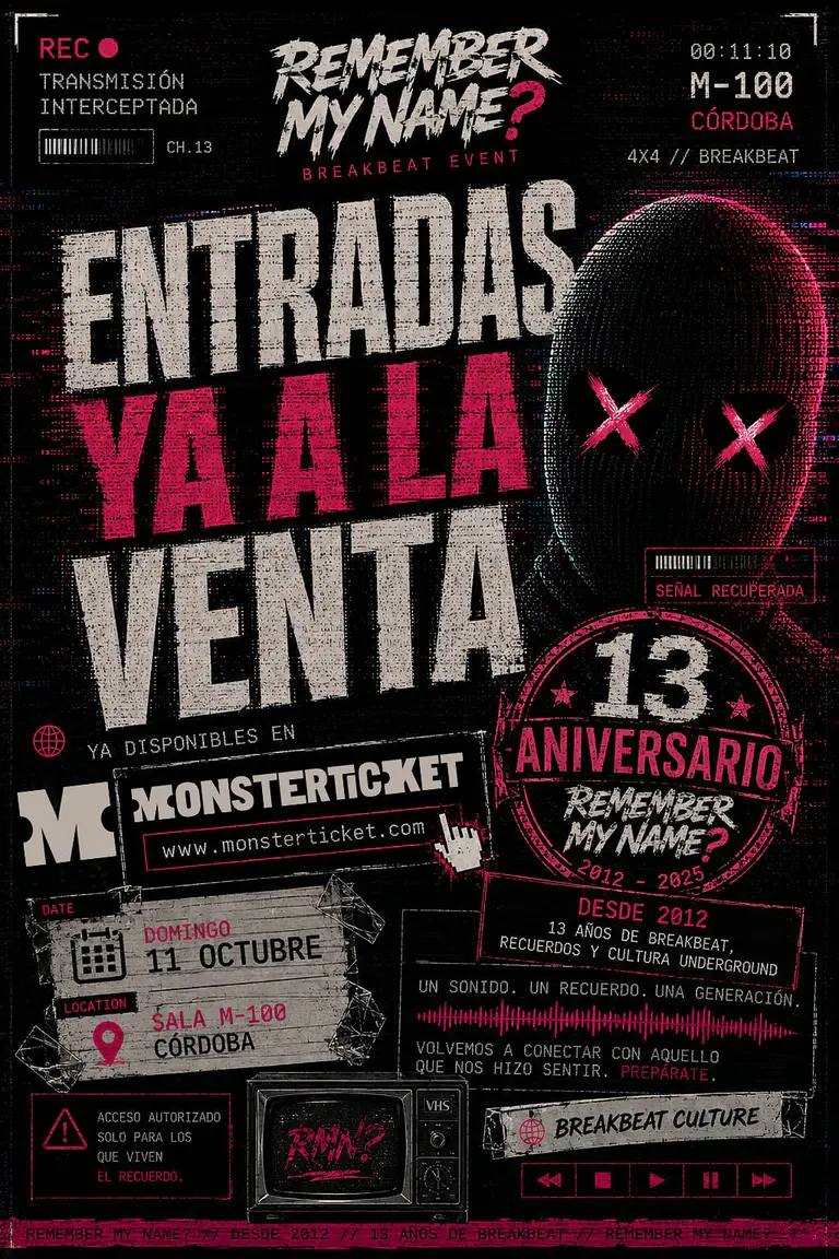 Cartel oficial de REMEMBER MY NAME? 13 Aniversario en Sala M100 Córdoba 2026