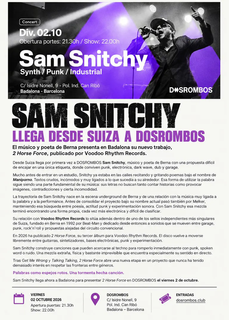 Cartel oficial de Sam Snitchy en DosRombos Badalona